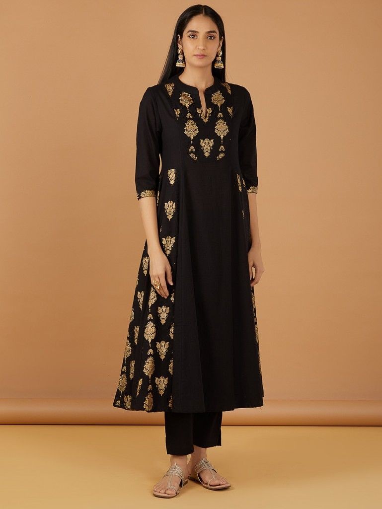 Black Printed Cotton Kurta
